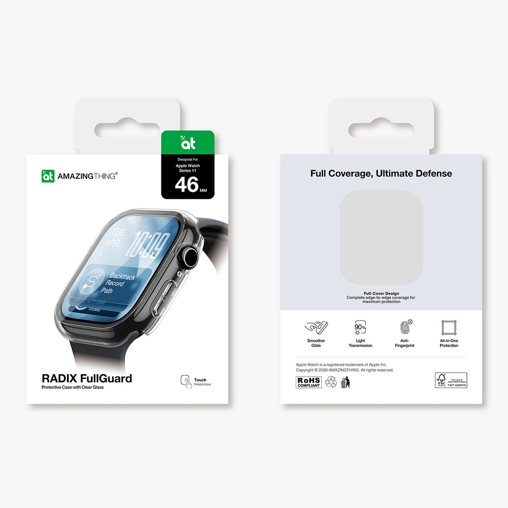 AmazingThing Radix Glass skærmbeskytter med etui til Apple Watch Series 11 46mm - Clear