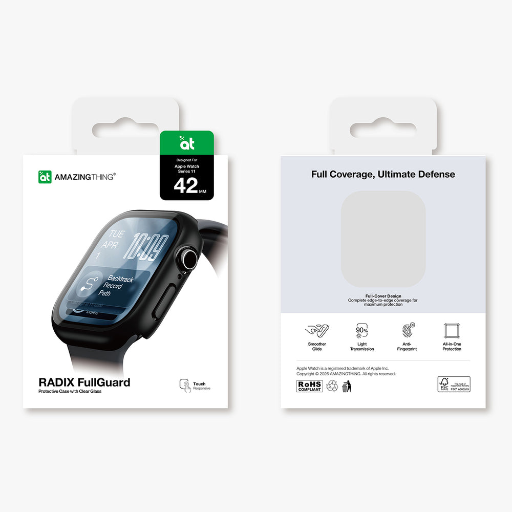 AmazingThing Radix Glass Screen Protector med Case til Apple Watch Series 11 42mm - sort