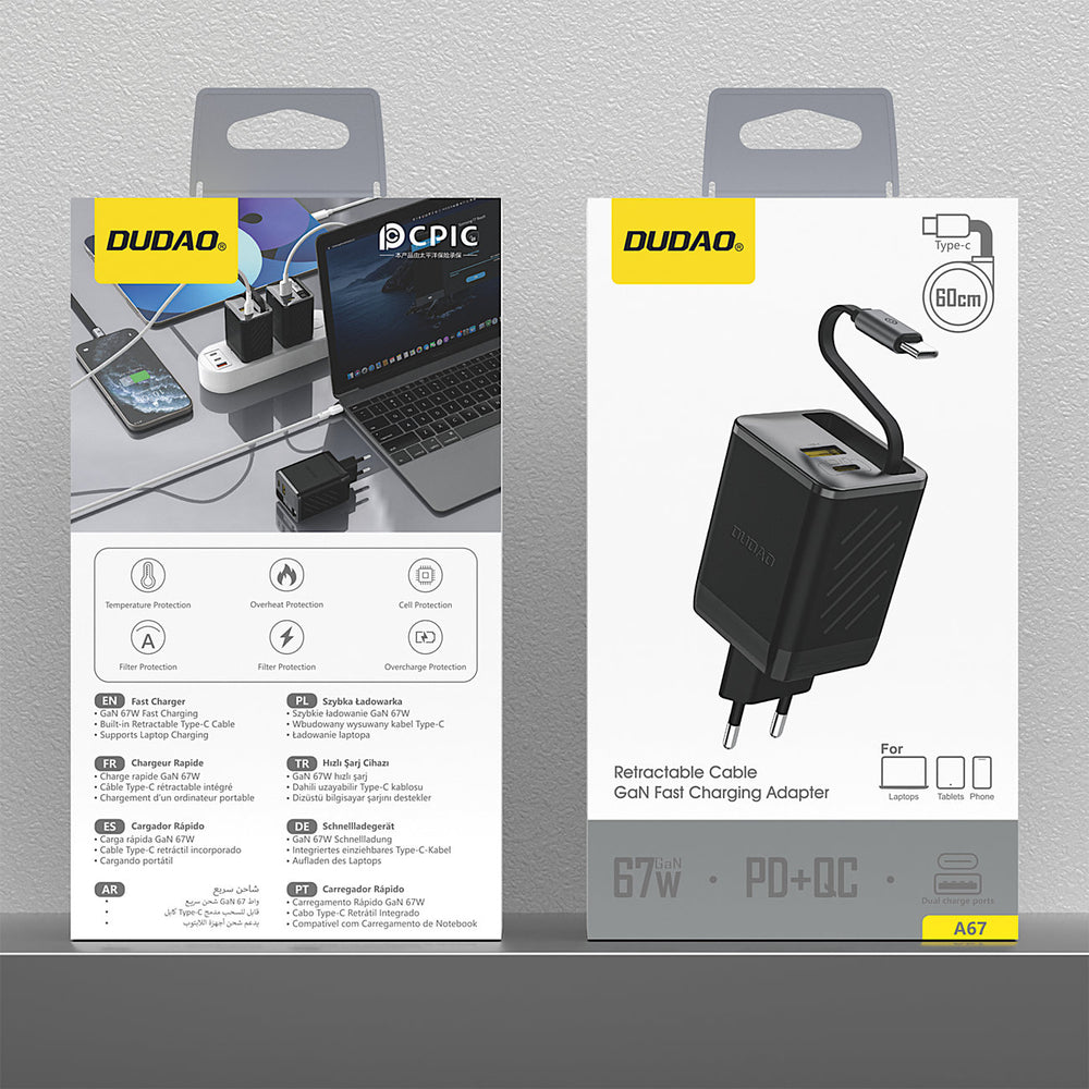 Dudao A67EU GaN 67W Wall Charger med indbygget indtrækbar USB-C Power Delivery Quick Charge Cable - sort