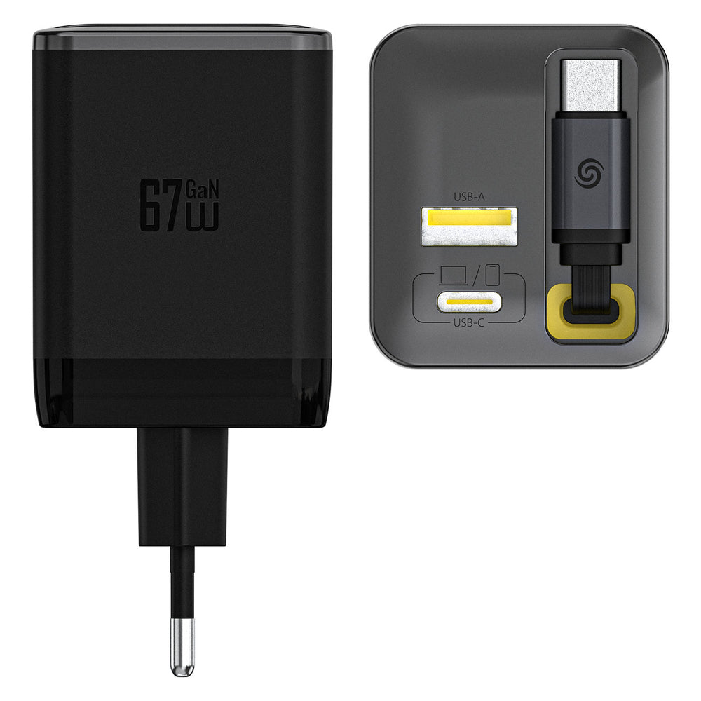 Dudao A67EU GaN 67W Wall Charger med indbygget indtrækbar USB-C Power Delivery Quick Charge Cable - sort