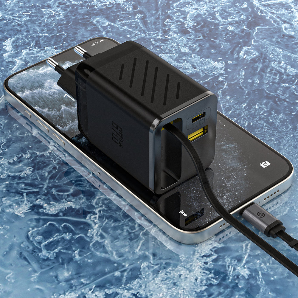 Dudao A67EU GaN 67W Wall Charger med indbygget indtrækbar USB-C Power Delivery Quick Charge Cable - sort