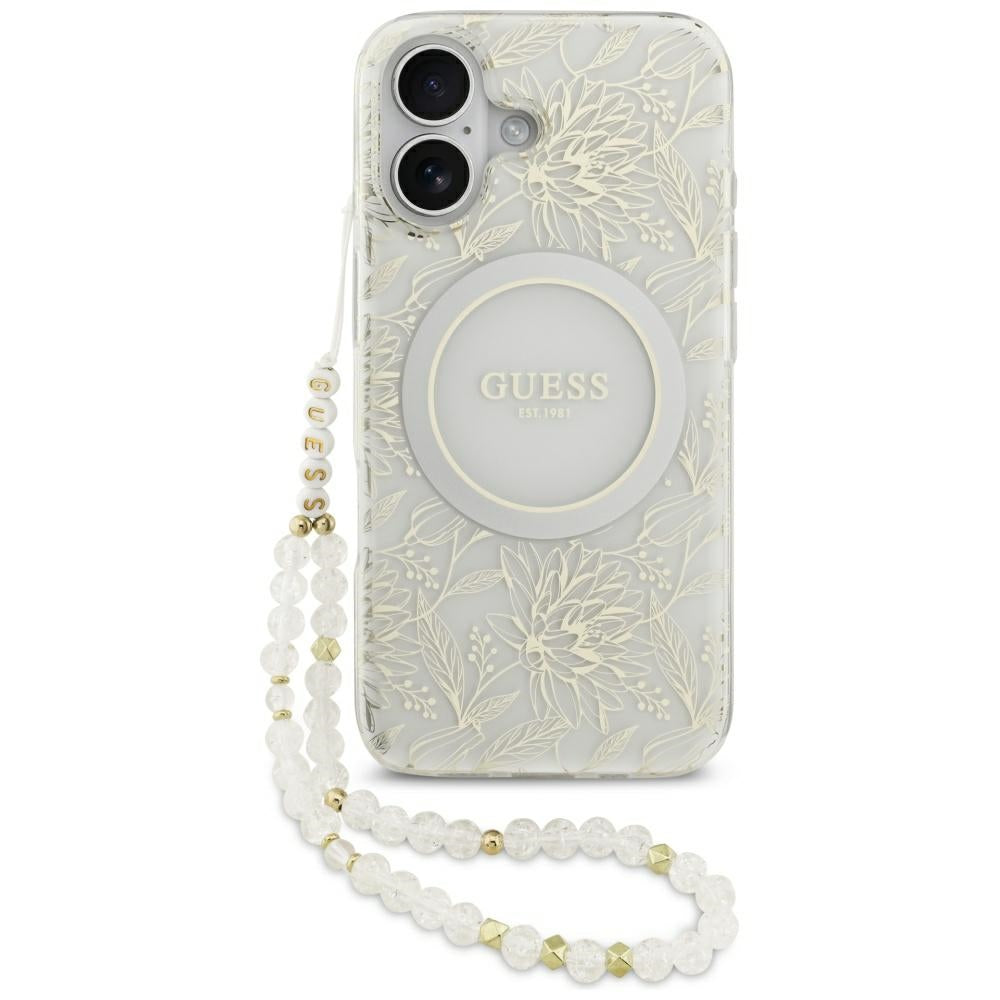 Guess IML Flowers Electro Pearl Strap MagSafe case til iPhone 17 - hvid