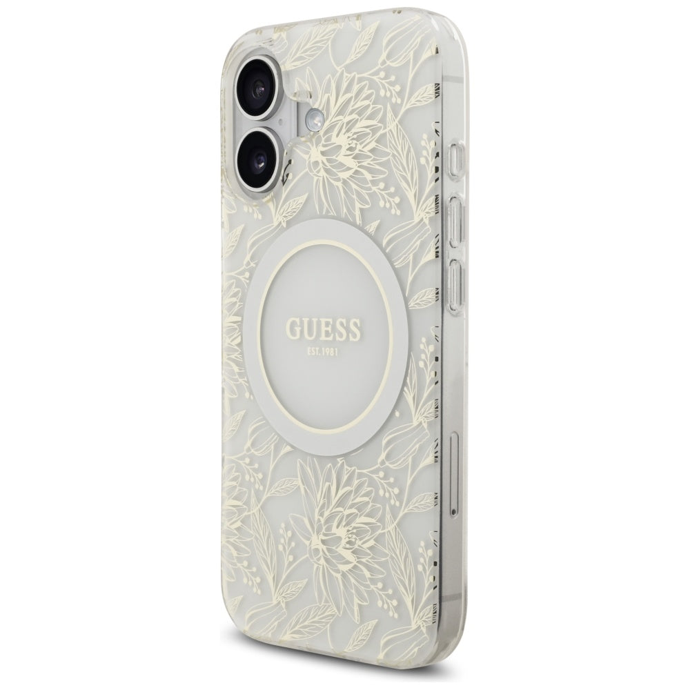 Guess IML Flowers Electro Pearl Strap MagSafe case til iPhone 17 - hvid