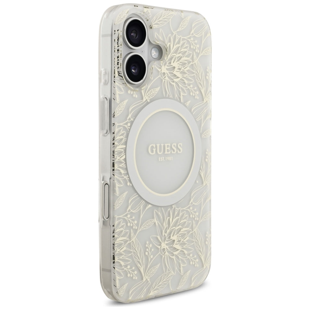 Guess IML Flowers Electro Pearl Strap MagSafe case til iPhone 17 - hvid