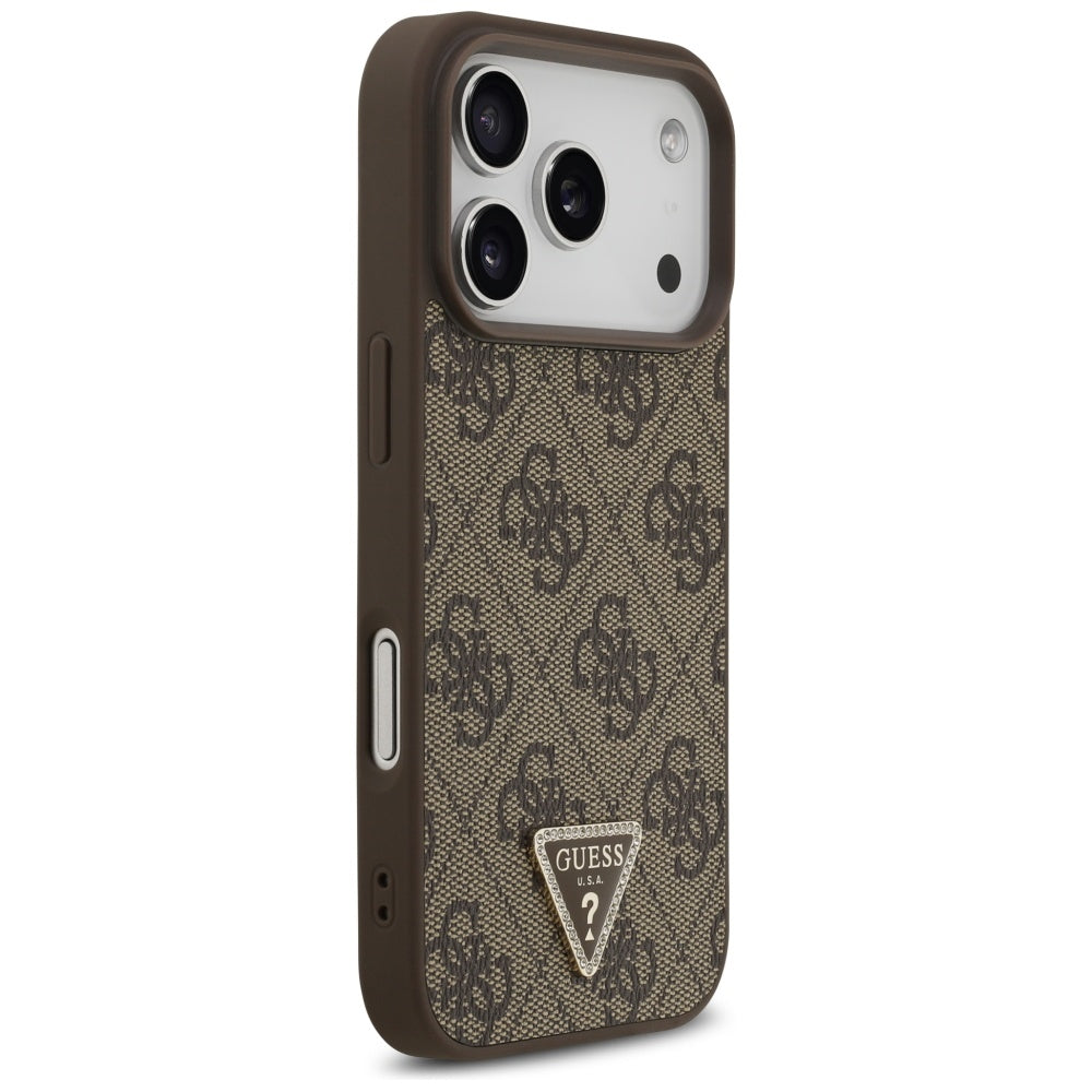 Guess Leather 4G Triangle Strass MagSafe Case for iPhone 17 Pro - Brown