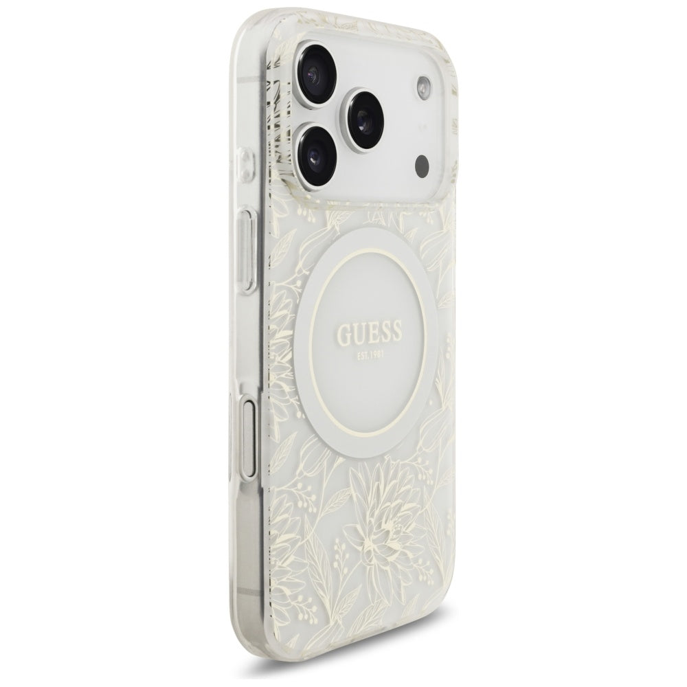 Guess IML Flowers Electro Pearl Strap MagSafe Case for iPhone 17 Pro - White