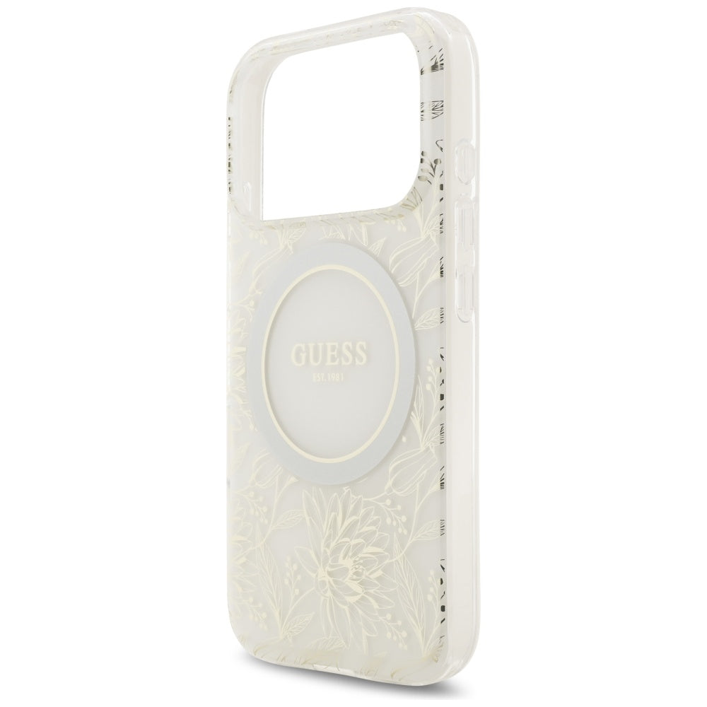Guess IML Flowers Electro Pearl Strap MagSafe Case for iPhone 17 Pro - White