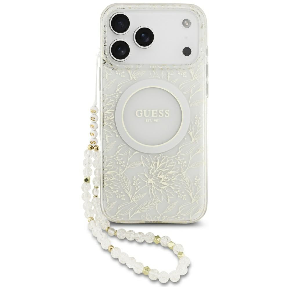 Guess IML Flowers Electro Pearl Strap MagSafe Case til iPhone 17 Pro Max - Hvid