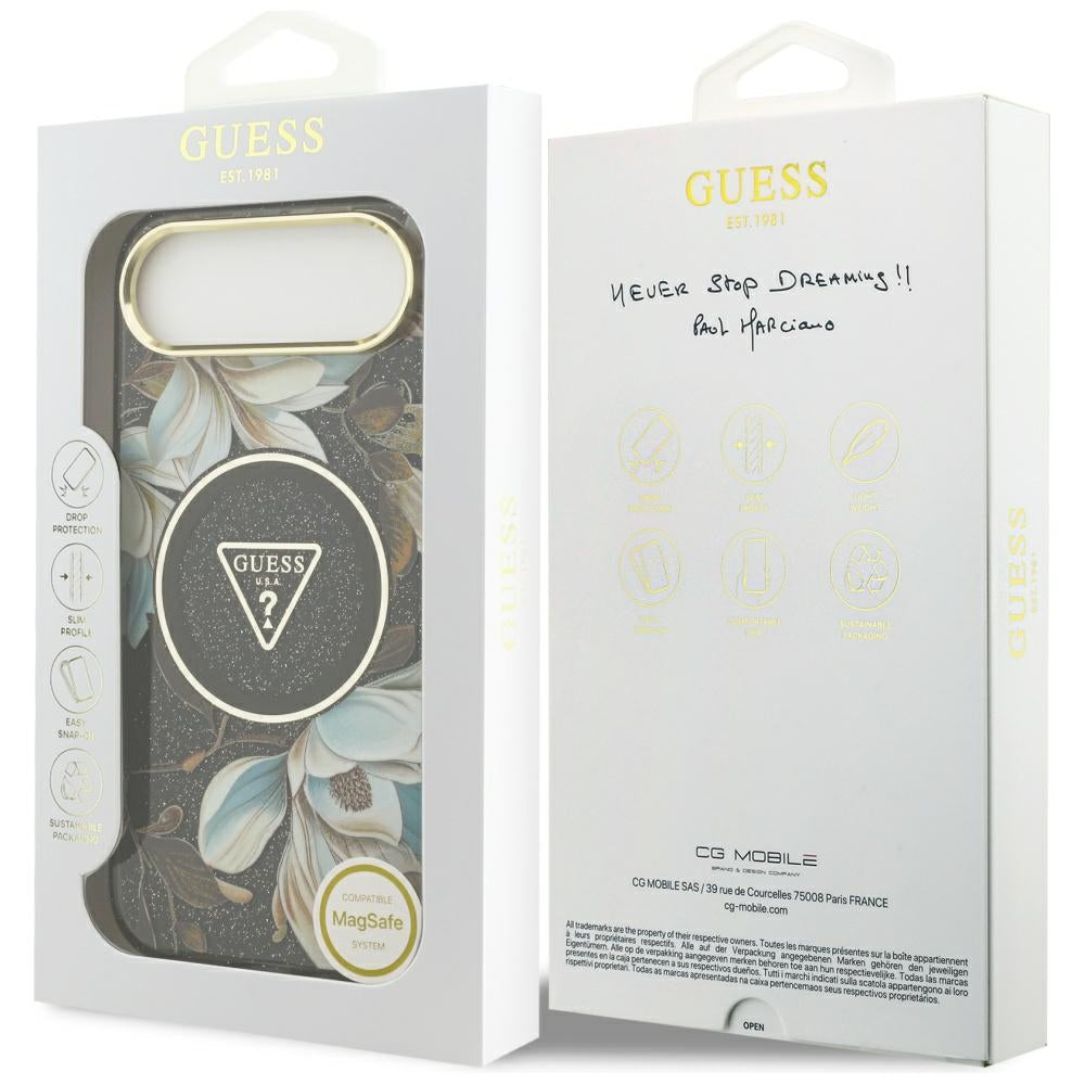 Guess IML Glitter Flowers Triangle MagSafe-kasse til iPhone Air - sort