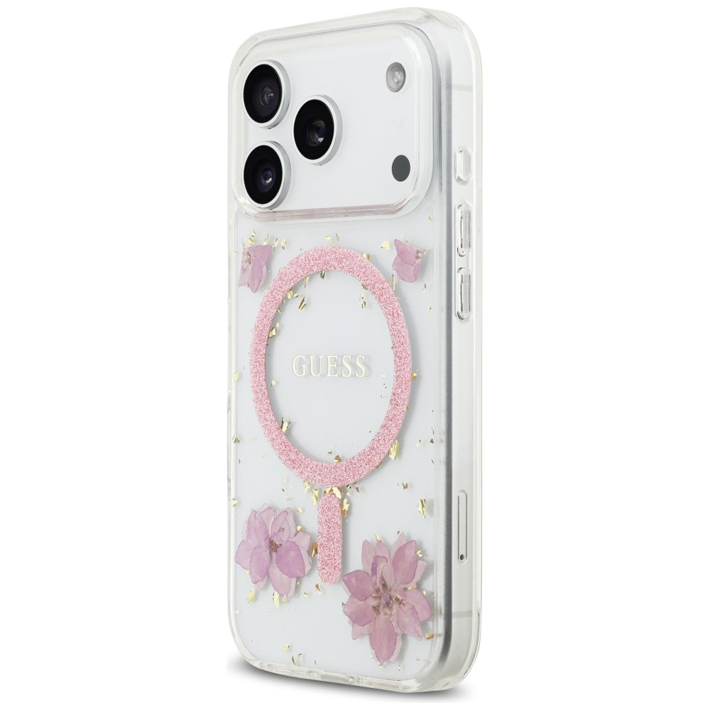 Guess Resin Flowers Glitter MagSafe Case for iPhone 17 Pro - Pink