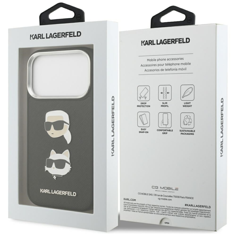 Karl Lagerfeld FW Grained Karl & Choupette Heads Pins & Logo iPhone 17 Pro Case - Black