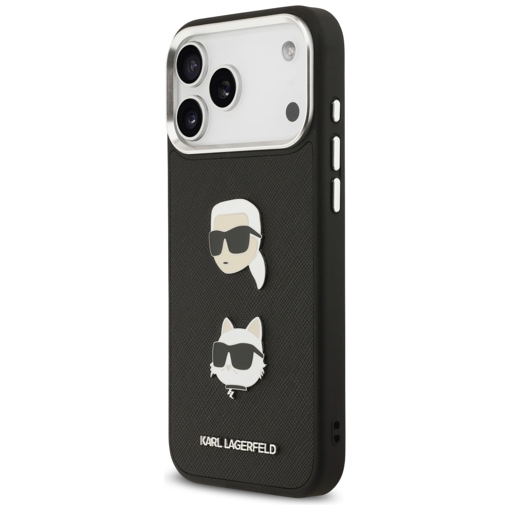 Karl Lagerfeld FW Grained Karl & Choupette Heads Pins & Logo iPhone 17 Pro Max Case - Black