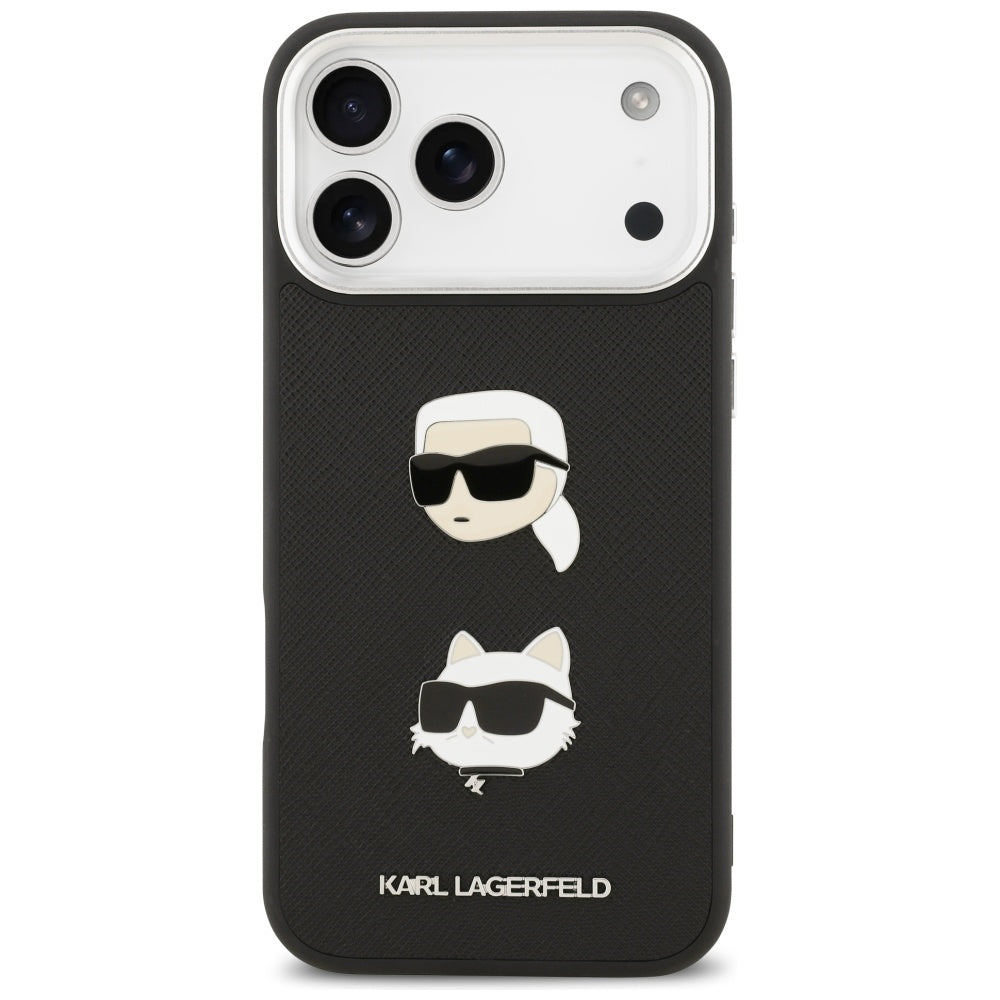 Karl Lagerfeld FW Grained Karl & Choupette Heads Pins & Logo iPhone 17 Pro Max Case - Black