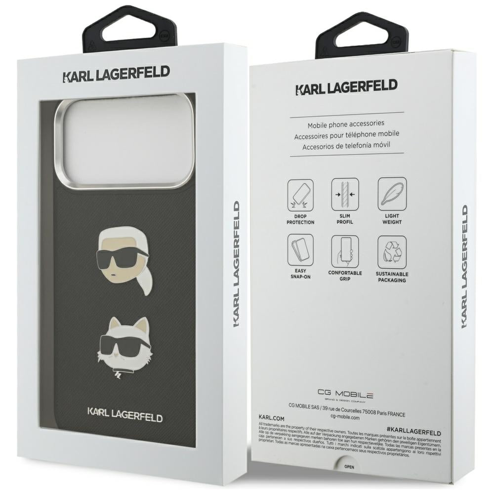 Karl Lagerfeld FW Grained Karl & Choupette Heads Pins & Logo iPhone 17 Pro Max Case - Black
