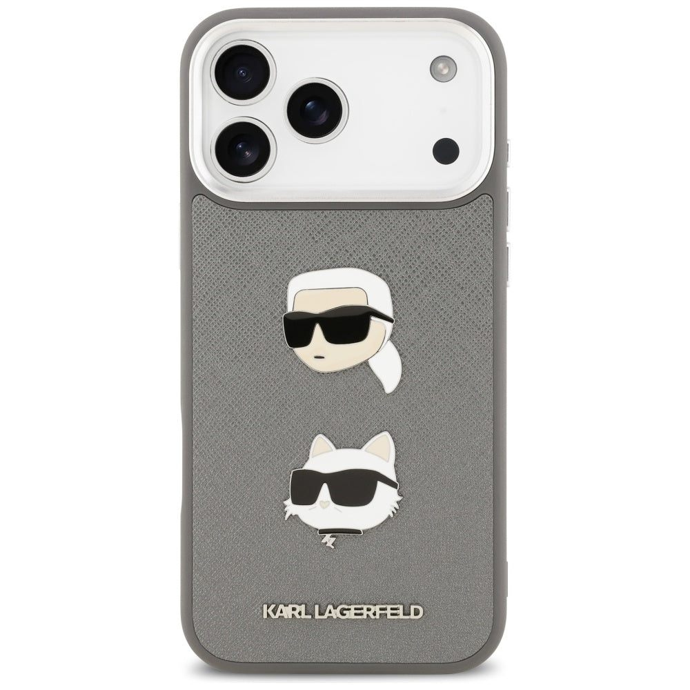 Karl Lagerfeld FW Grained Karl & Choupette Heads Pins & Logo iPhone 17 Pro Max Case - Gray