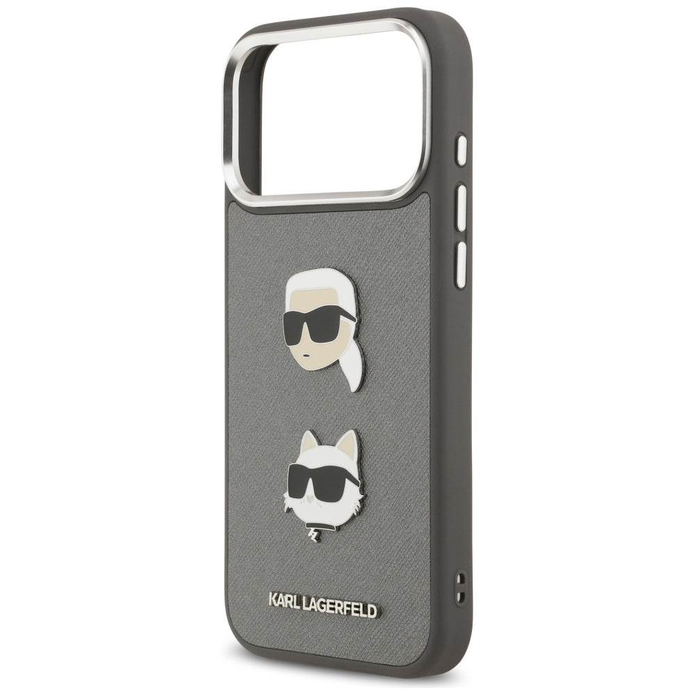 Karl Lagerfeld FW Grained Karl & Choupette Heads Pins & Logo iPhone 17 Pro Max Case - Gray