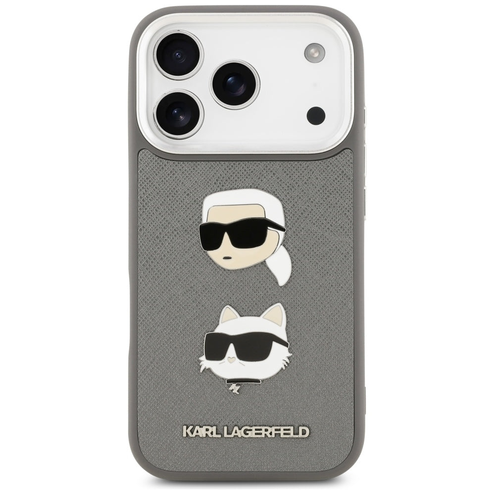 Karl Lagerfeld FW Grained Karl & Choupette Heads Pins & Logo iPhone 17 Pro Case - Gray