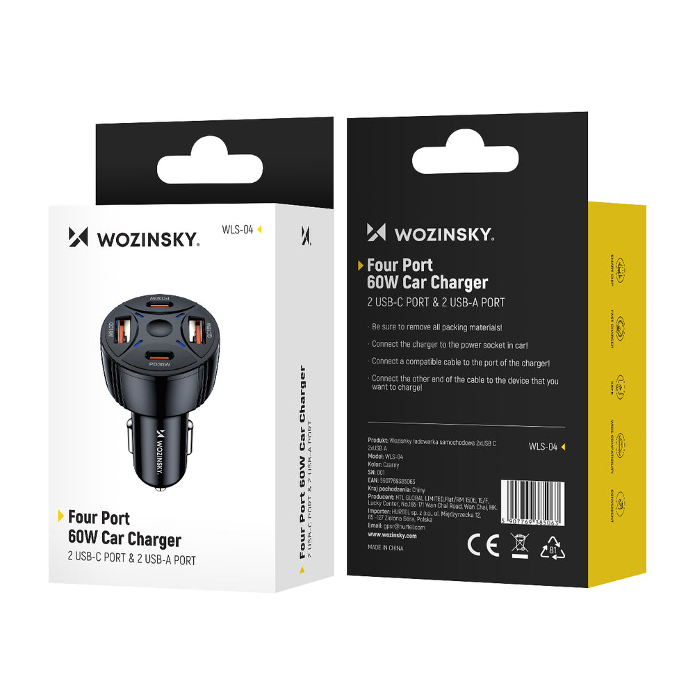 Wozinsky WLS-04 60W Biloplader 2xUSB-C 2xUSB-A - sort