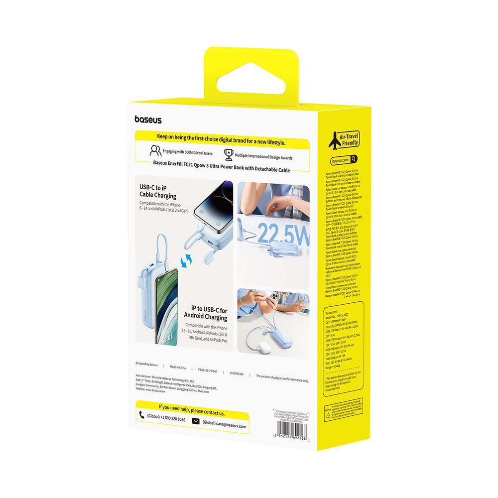 Baseus EnerFill FC21 Qpow 3 Ultra 20000mAh 22.5W Powerbank med display og kabel medtaget - Blå