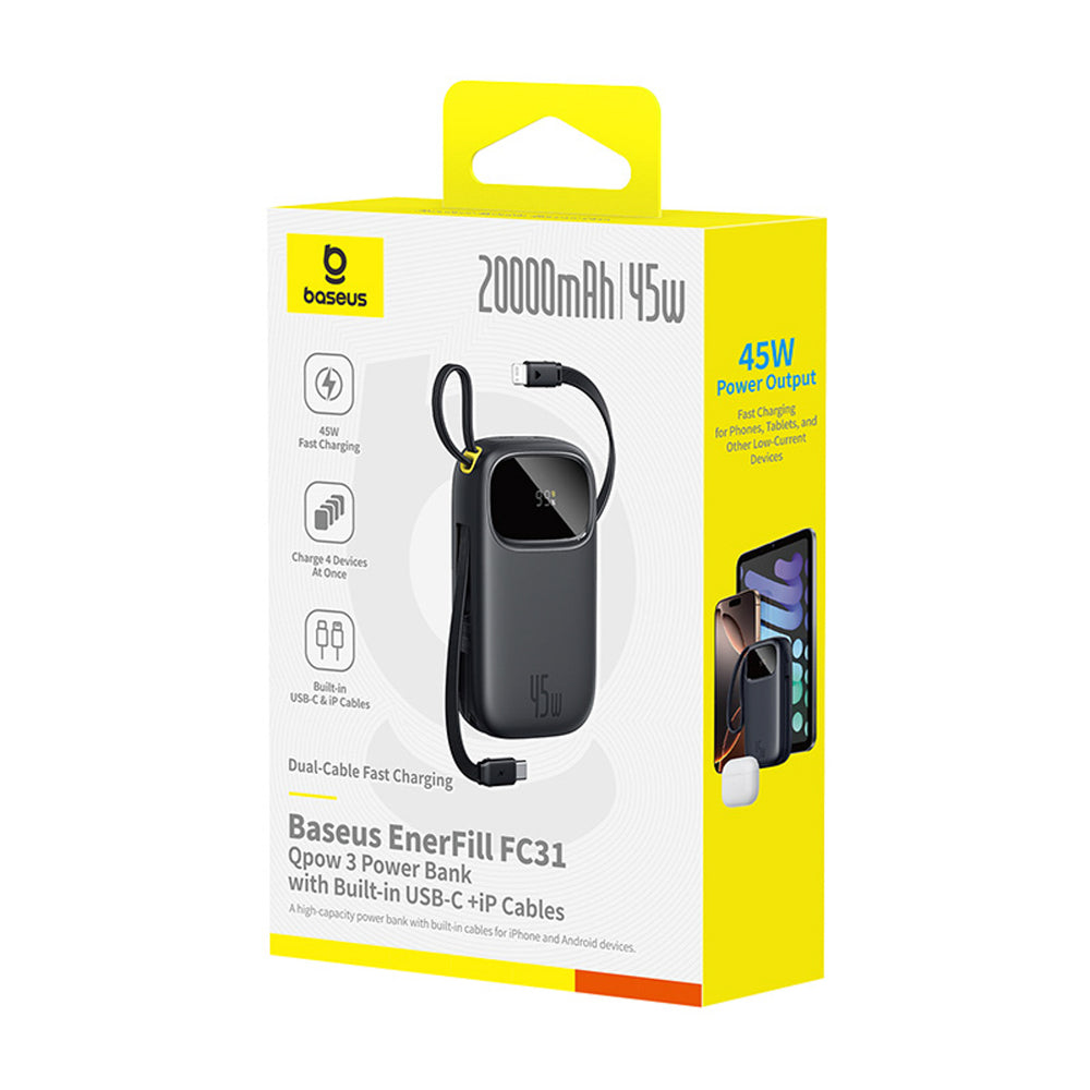 Baseus EnerFill FC31 QPow3 20000mAh 45W Power Bank with Display with USB-C and Lightning Cables - Black