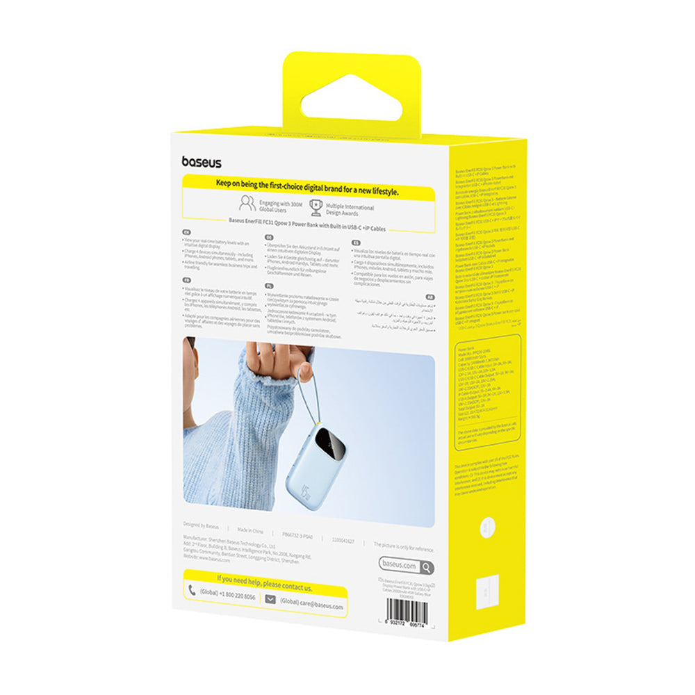 Baseus EnerFill FC31 20000mAh 45W Power Bank med display med USB-C og Lightning Kabler - Blå