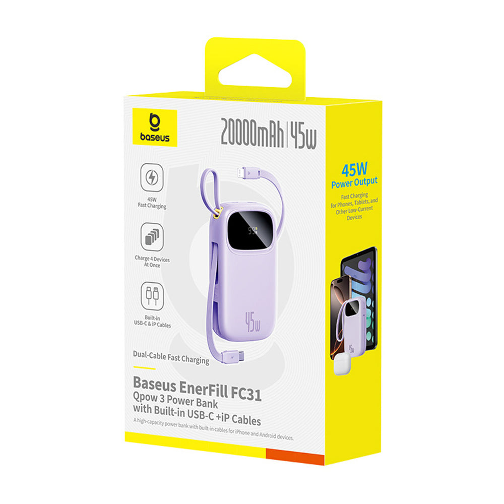 Baseus EnerFill FC31 QPow3 20000mAh 45W Power Bank with Display with USB-C and Lightning Cables - Purple