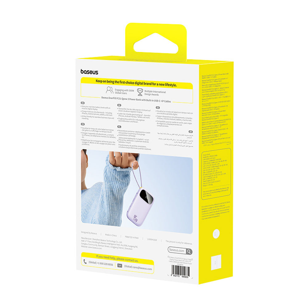 Baseus EnerFill FC31 20000mAh 45W Power Bank med display med USB-C og Lightning Kabler - Purple