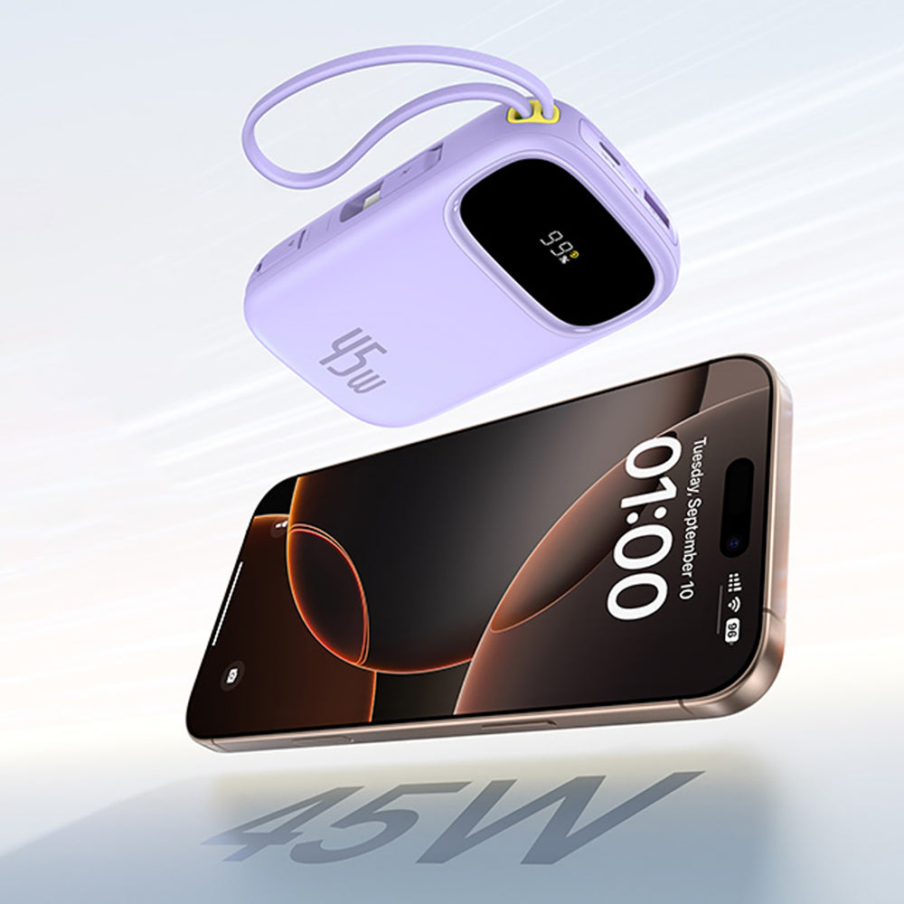 Baseus EnerFill FC31 20000mAh 45W Power Bank med display med USB-C og Lightning Kabler - Purple