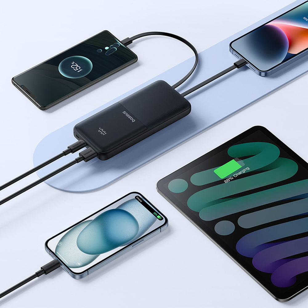 Baseus Lipow 10000mAh 22.5W Powerbank with Dual Built-in Cable with Display (with additional black Baseus Simple USB-A - USB-C 3A 0.2m cable) - Black