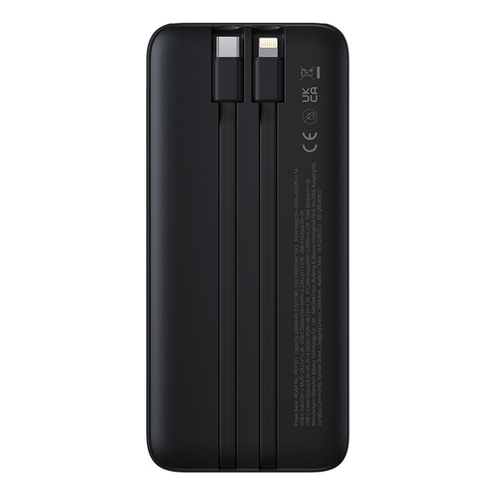 Baseus Lipow 10000mAh 22.5W Powerbank with Dual Built-in Cable with Display (with additional black Baseus Simple USB-A - USB-C 3A 0.2m cable) - Black