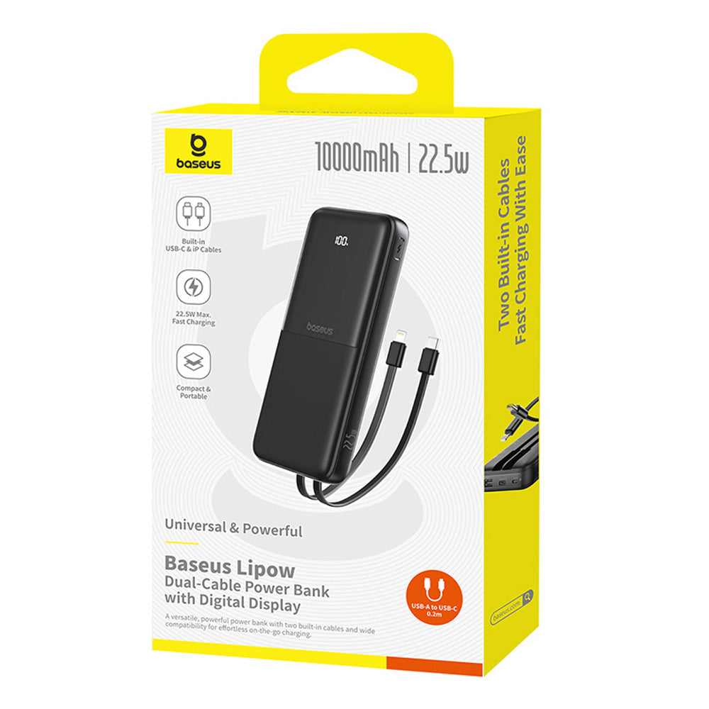 Baseus Lipow 10000mAh 22.5W Powerbank with Dual Built-in Cable with Display (with additional black Baseus Simple USB-A - USB-C 3A 0.2m cable) - Black