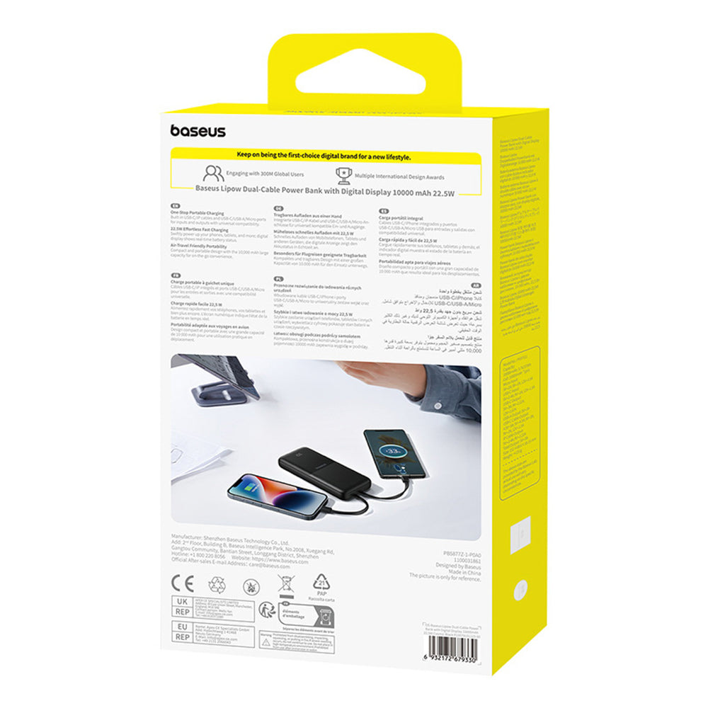 Baseus Lipow 10000mAh 22.5W Powerbank med dobbelt indbygget kabel med display (med ekstra sort Baseus Simple USB-A - USB-C 3A 0.2m kabel) - sort