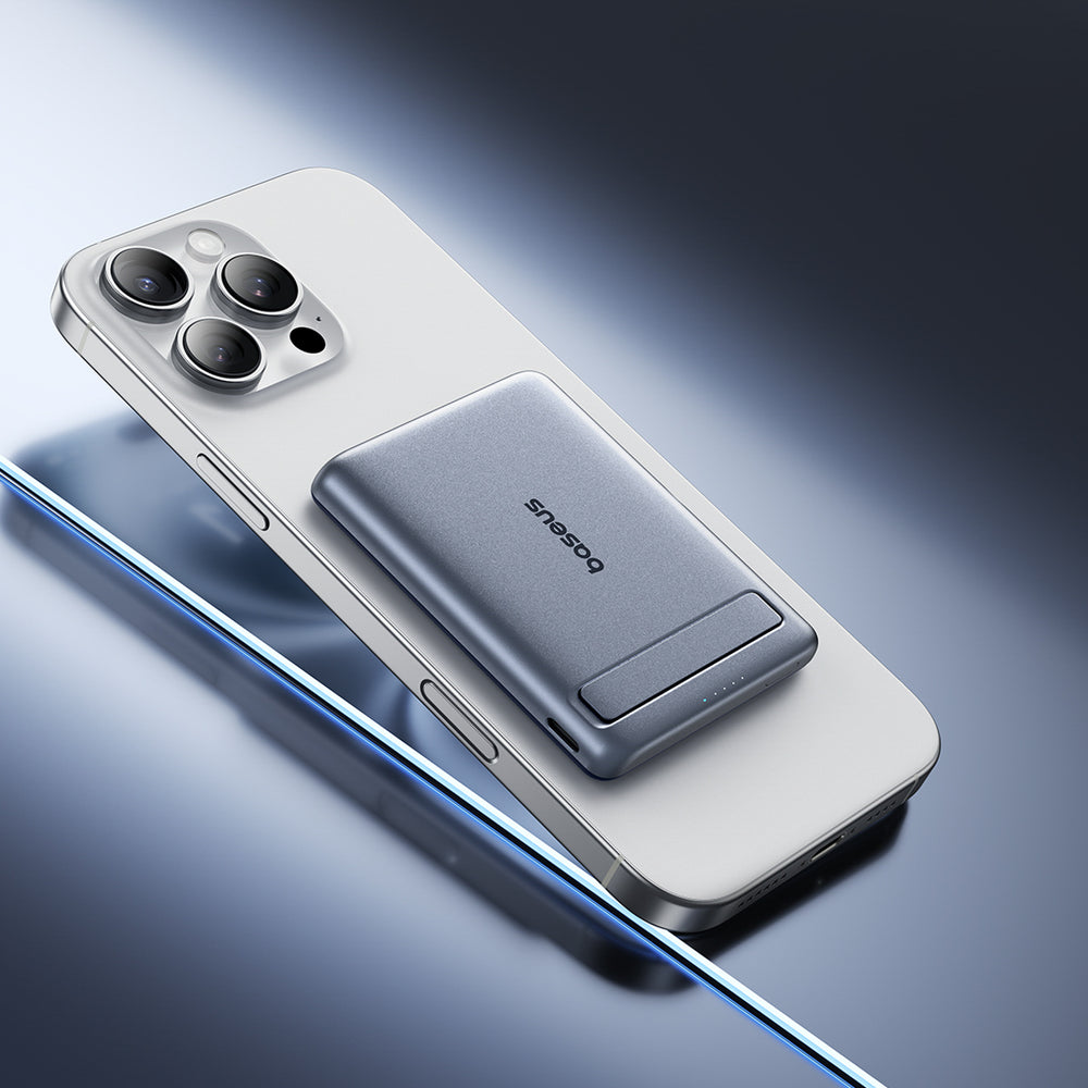Baseus PicoGo AM31 Qi2 5000mAh 20W Ultra-Thin MagSafe Compatible Power Bank with Stand and Baseus Simple USB-C 20cm Braided Cable - Gray