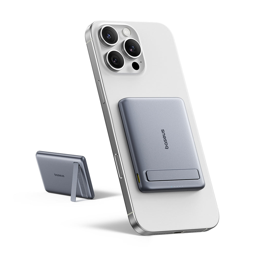 Baseus PicoGo AM31 Qi2 5000mAh 20W Ultra-Thin MagSafe Compatible Power Bank with Stand and Baseus Simple USB-C 20cm Braided Cable - Gray