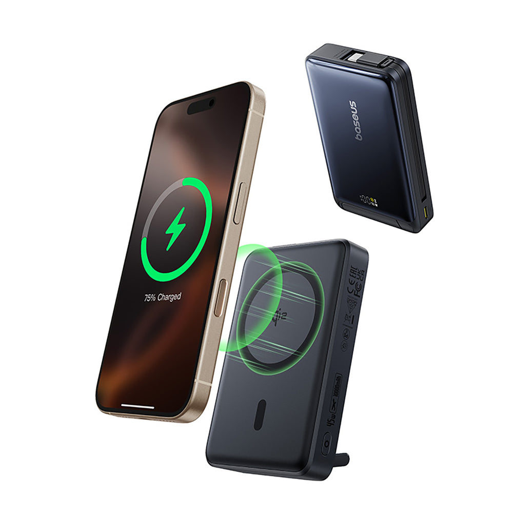 Baseus Nomos 10000mAh 45W Qi2 Power Bank with MagSafe Compatible Stand with Built-in USB-C Cable - Black