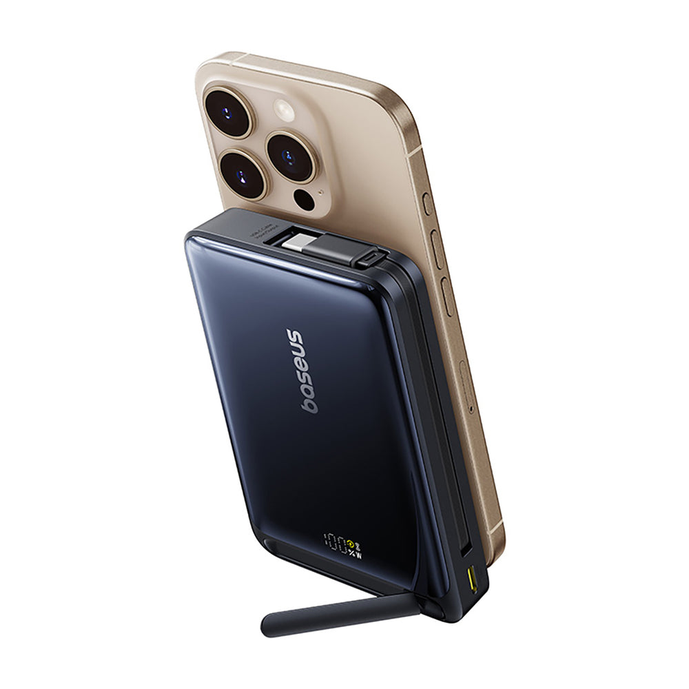 Baseus Nomos 10000mAh 45W Qi2 Power Bank with MagSafe Compatible Stand with Built-in USB-C Cable - Black