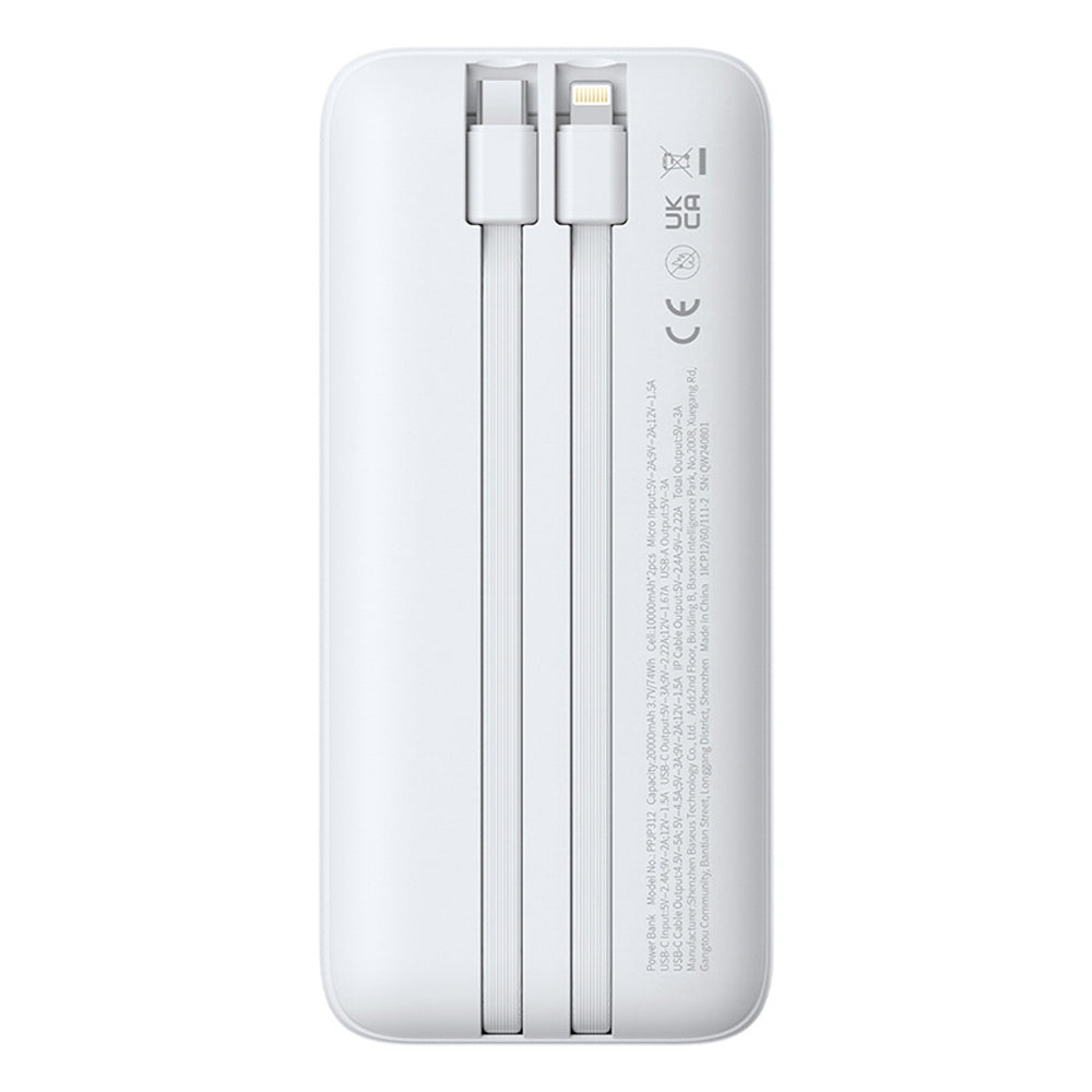 Baseus Lipow 20000mAh 22.5W Powerbank med to indbyggede kabler med ekstra Baseus Simple USB-A - USB-C 3A 20cm kabel - hvid