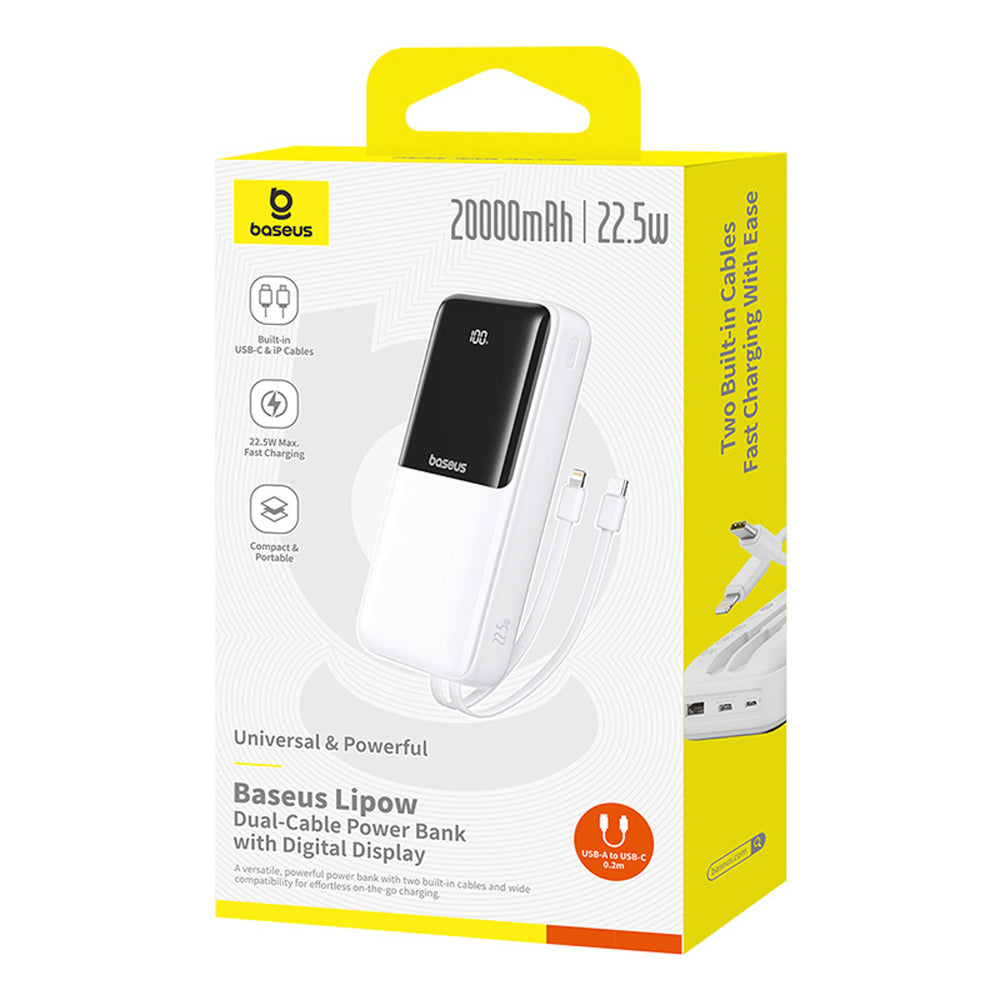 Baseus Lipow 20000mAh 22.5W Powerbank with two built-in cables with additional Baseus Simple USB-A - USB-C 3A 20cm cable - white