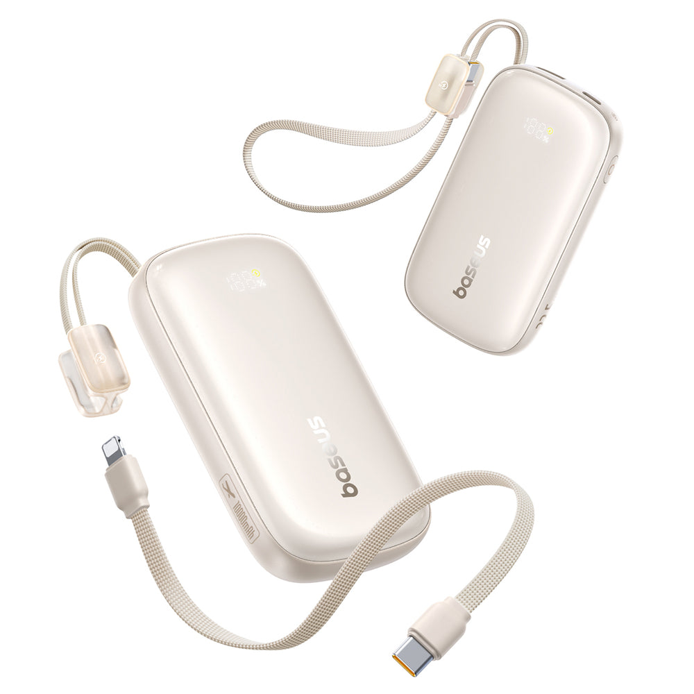Baseus EnerFill FC21 Qpow 3 Ultra 10000mAh 22.5W Powerbank med tilkoblet kabel lanyard - beige