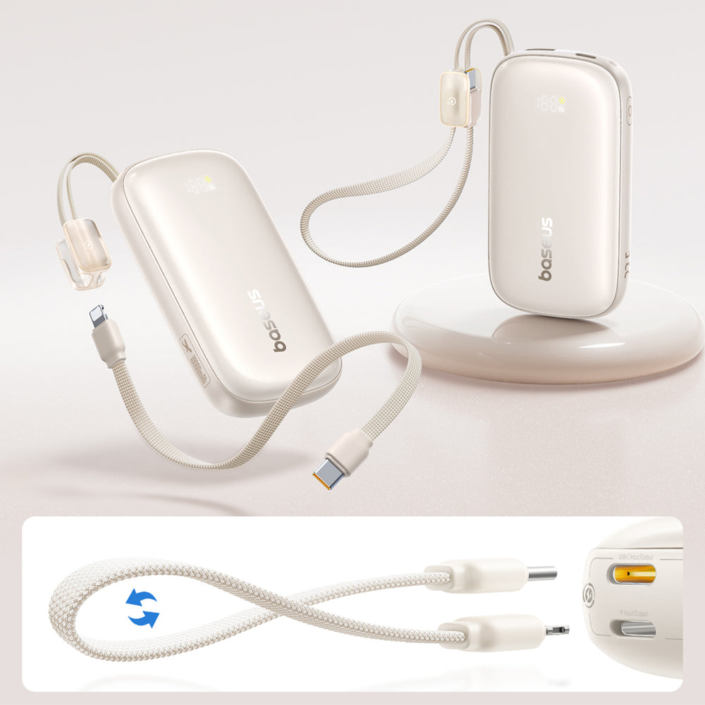 Baseus EnerFill FC21 Qpow 3 Ultra 10000mAh 22.5W Powerbank med tilkoblet kabel lanyard - beige