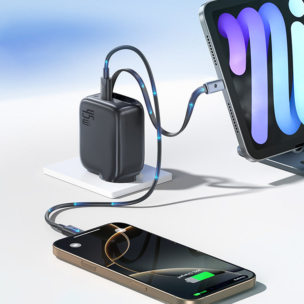 Baseus EnerCore CJ11 45W Wall Charger med USB-C-port og indtrækbart USB-C-kabel - sort