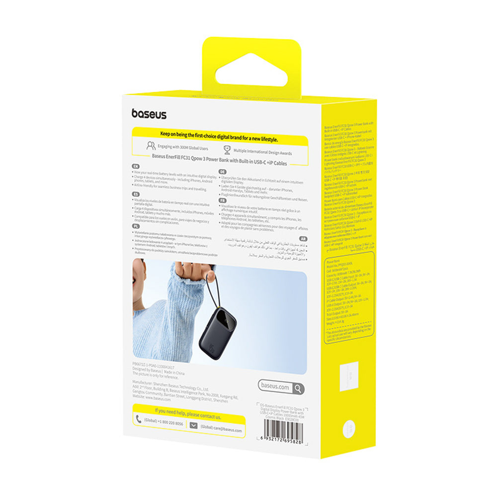 Baseus EnerFill FC31 10000mAh 45W Power Bank med USB-C og Lightning Kabler - sort