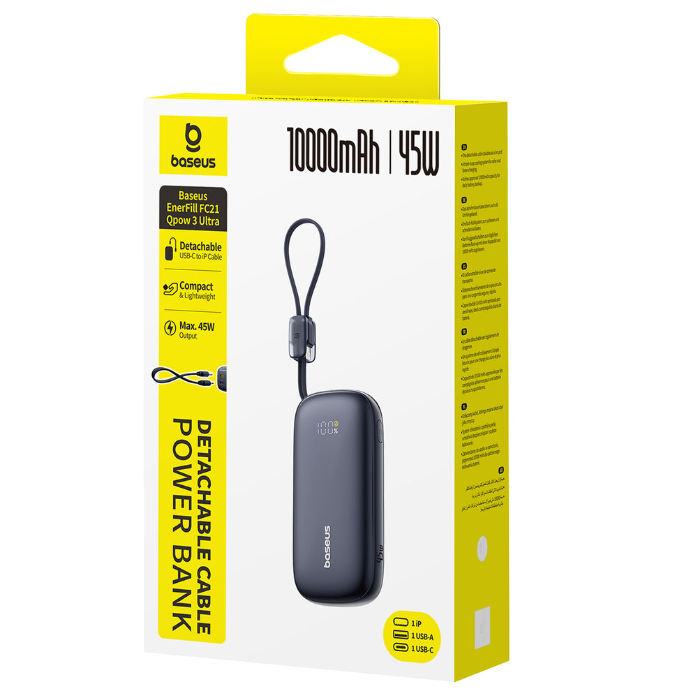 Baseus EnerFill FC21 Qpow 3 Ultra 10000mAh 45W Power Bank with Attached Lanyard Cable - Black