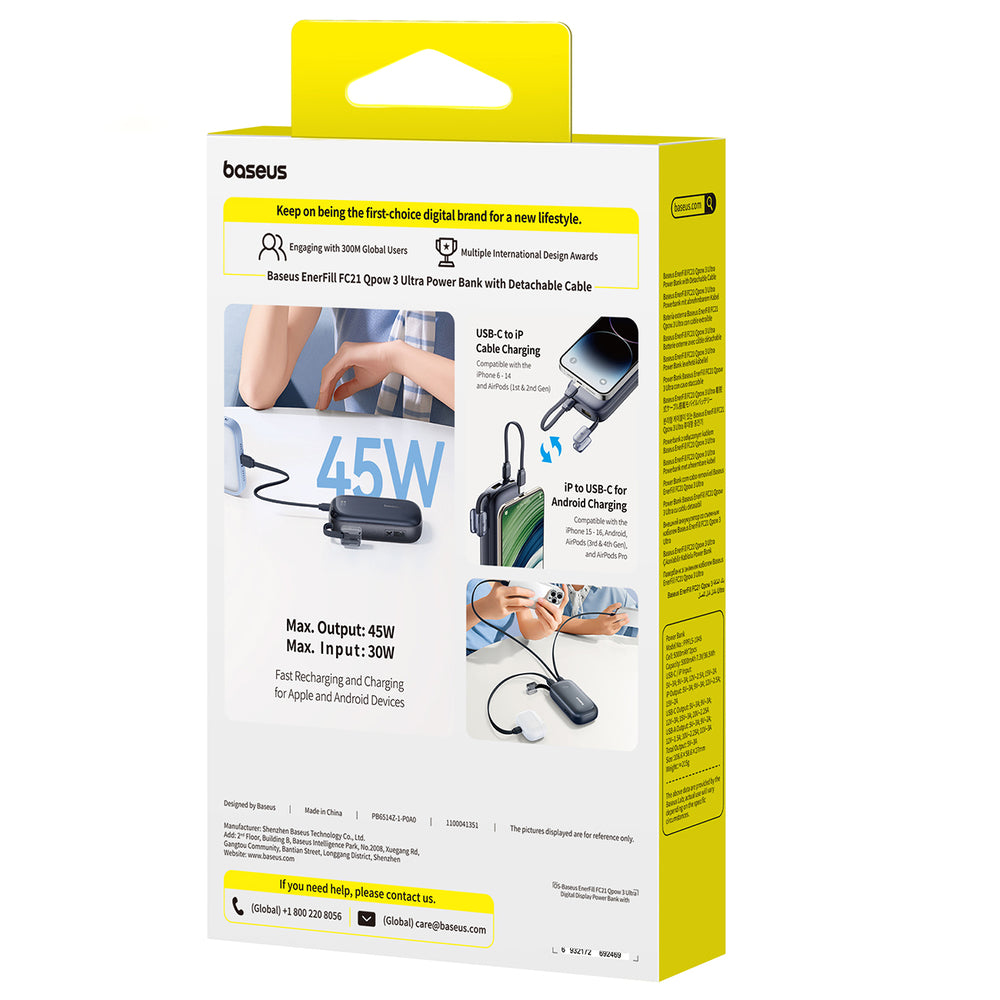 Baseus EnerFill FC21 Qpow 3 Ultra 10000mAh 45W Power Bank med vedhæftet Lanyard Cable - sort