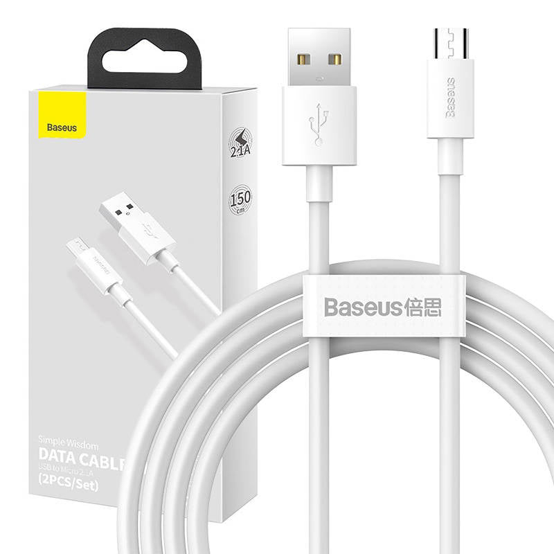 Baseus Simple Wisdom Data Cable Kit USB til Micro 2.1A (2PCS/Set) 1.5m Hvid