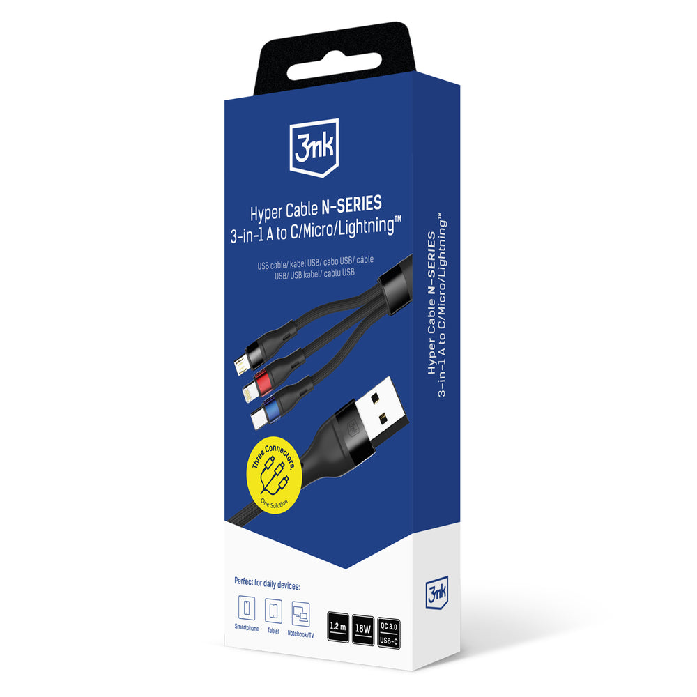 3mk Hyper Cable N-SERIES 3 i 1 USB-A / Lightning / Micro 1.2m 9V/2A 18W - sort