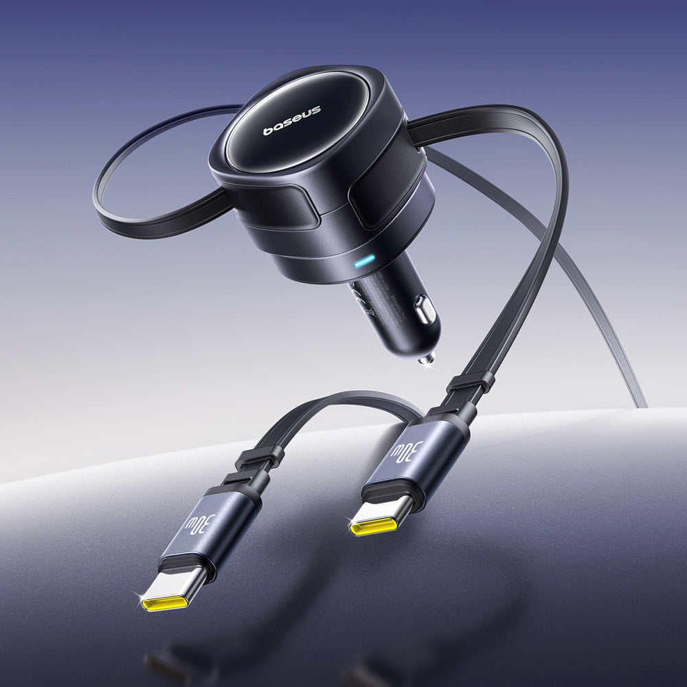 Baseus Enjoyment Max 60W Car Charger with Two Retractable USB-C Cables - Black