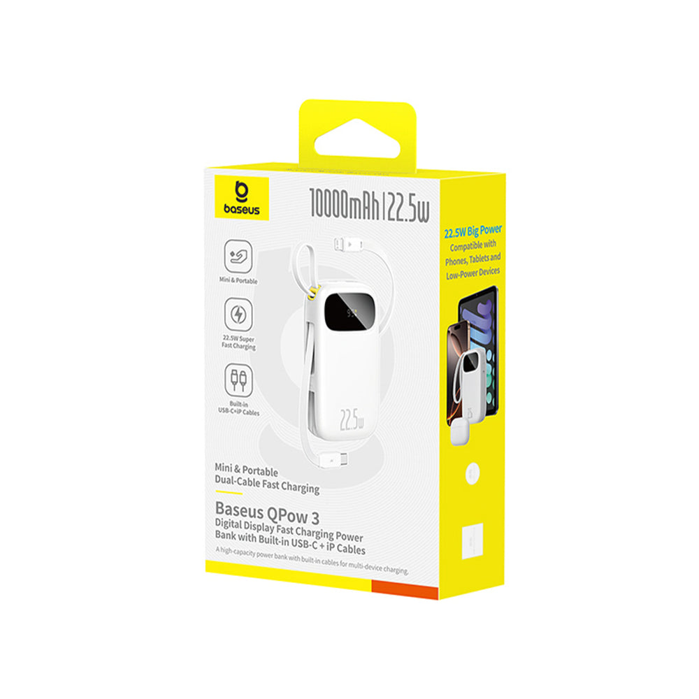 Baseus EnerFill FC31 QPow3 10000mAh 22.5W Power Bank with Digital Display with 2 Built-in Cables - White