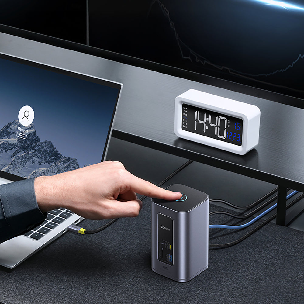 Baseus NU1 Air Spacemate hub 12in1 USB-C docking station - 2xHDMI 4K@60Hz 2xUSB-C 10Gb/s 2xUSB-A 5Gb/s 2xUSB-A (480Mb/s) RJ45 SD/microSD 3.0 USB-C (PD) - gray