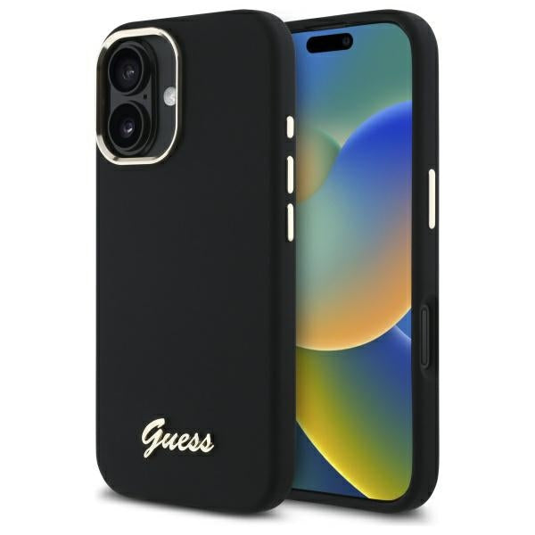 Guess Silicone Script Metal Logo & Frame Case til iPhone 16 Plus - sort
